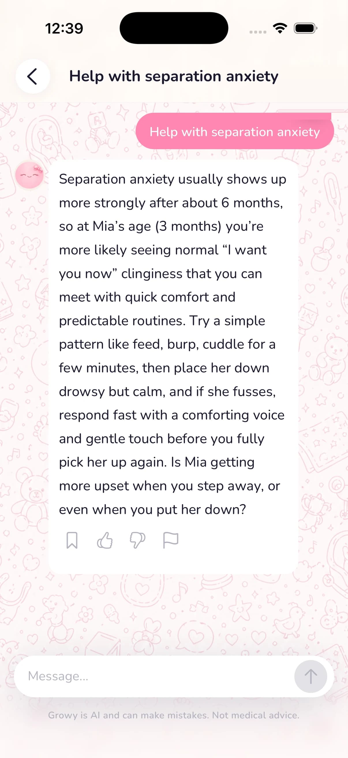 A real Growy conversation: age-aware guidance for a 3-month-old