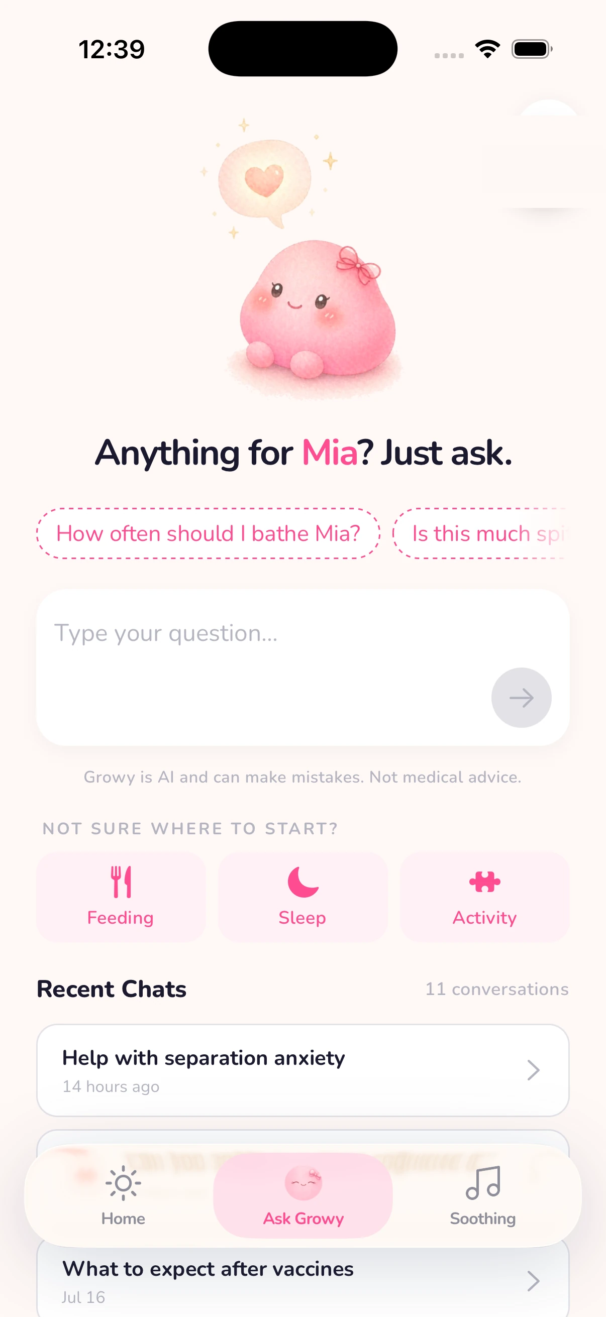 Ask Growy home: suggestion chips and feeding, sleep, activity coaches