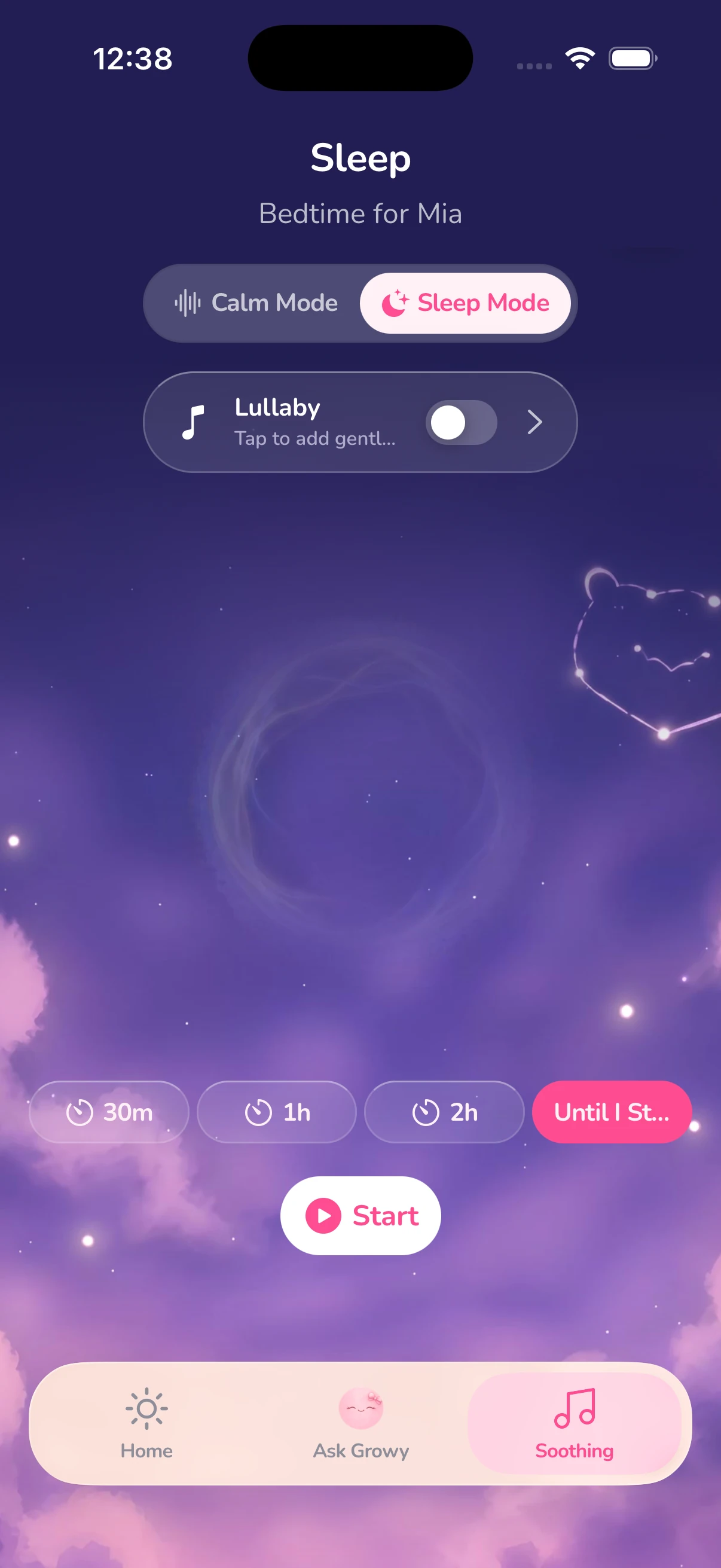Growbaby Sleep mode: a night sky scene with sleep timers and a lullaby toggle