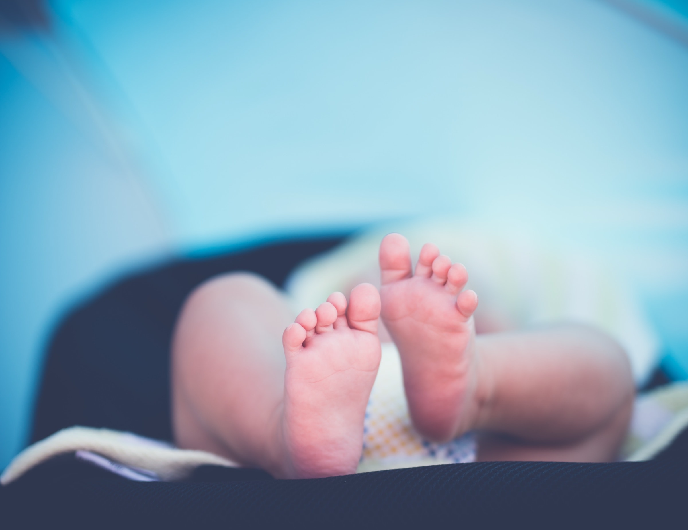Newborn baby's bare feet in soft light